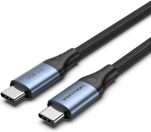 Vention Cotton Braided USB 4.0 C Male to C Male 5A Cable, 40Gbps Data Transfer, Up to 240W Power Delivery, Nickel Plated, E-Marker Chip, 40Gbps Transfer Rate, 1m Cable Length, Black | TAVHF