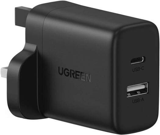 UGREEN Dual Port Wall Charger, 20W USB-C PD Fast Charger, USB-A & USB-C Dual Port Travel Adapter, Smart Safety Protection, UK Plug, Black | 45304