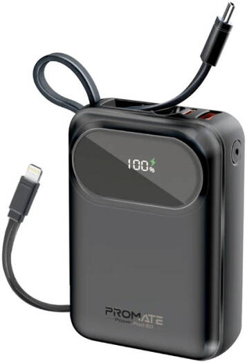 Promate Ultra-Compact 20000mAh Power Bank, 35W Power Delivery Port, Built-In USB-C & Lightning Cable, 22.5W QC 3.0 USB-A Port, Smart LED Screen, Ultra Compact Design, Black | PowerPod-20.Black