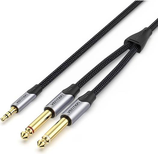 Vention Cotton Braided 3.5mm Male to 2x6.5mm Male Audio Cable, For Guitar, Mixer, Amplifier, Speaker Gold-Plated Connector, 2 Meter, Grey | BARHH