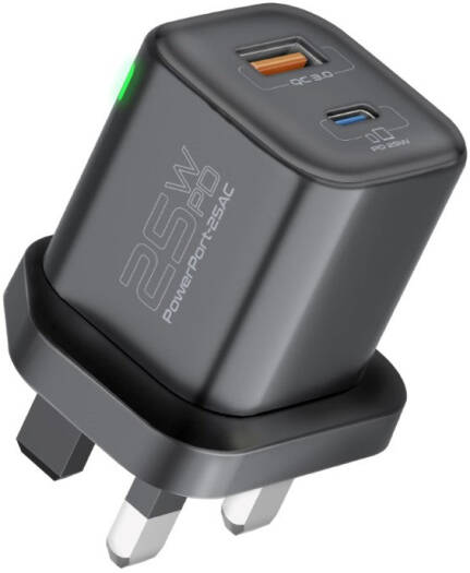 Promate PowerPort-25AC Dual Port Wall Charger, 25W USB-C PD, 18W USB-A QC 3.0, 5V/3A Dual Output, AC 200-240V, Overvoltage Protection, Overheating Protection, UK Plug, Black | PowerPort-25AC