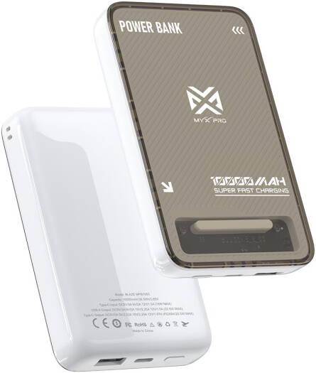 Myx PRO PBank Blaze 10,000mAh Power Bank, Fast Charging Portable Battery Pack, USB-C Power Delivery, Dual Output Ports, Slim Compact Design & Multi-Layer Safety Protection, White | BLAZE MPB1063