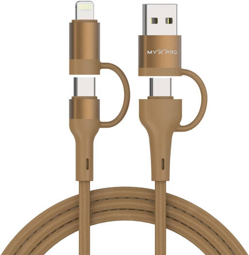 Myx PRO Turbo PowerHub 4-in-1 Fast Charging & Data Cable, 65W USB-C to USB-C & 27W USB-C to Lightning, 1.2M Braided Nylon Cable with USB-A & USB-C Inputs, Gold | TRB105