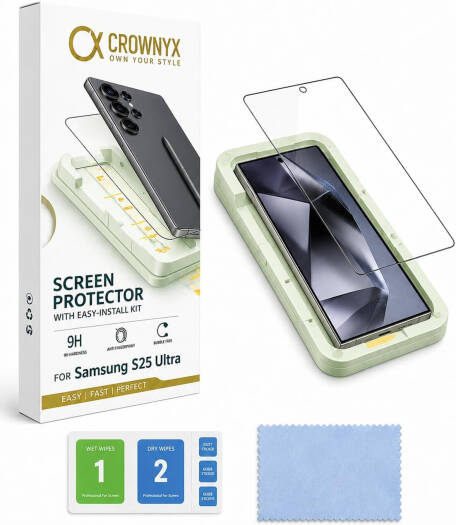CROWNYX Clear Screen Protector for Samsung Galaxy S25 Ultra, 9H Hardness, Military Grade Shatterproof, Black Edge Tempered Glass with Easy Installation Tool, Case-Friendly, HD Clear | SAM-S25ULT-CSP