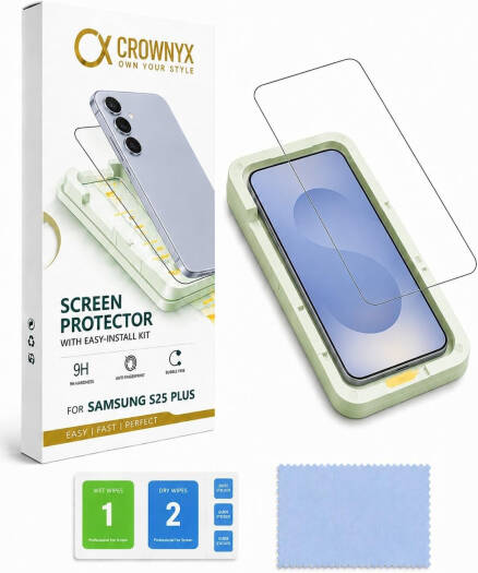 CROWNYX Clear Screen Protector for Samsung Galaxy S25 Plus, 9H Hardness, Military Grade Shatterproof, Black Edge Tempered Glass with Easy Installation Tool, Case-Friendly, HD Clear | SAM-S25PL-CSP