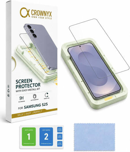 CROWNYX Clear Screen Protector for Samsung Galaxy S25, 9H Hardness, Military Grade Shatterproof, Black Edge Tempered Glass with Easy Installation Tool, Case-Friendly, HD Clear | SAM-S25-CSP