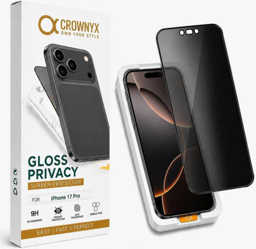 CROWNYX Privacy Screen Protector for iPhone 17 Pro, Dust free, Anti Finger Print, Shatter Proof, Scratch Resistant, Anti Spy Tempered Glass, Easy Installation Kit | IP-17P-GPSP