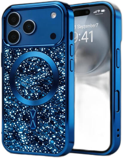 CROWNYX GlamAura Glitter Case for iPhone 17 Pro, MagSafe, Shockproof, Blue | IP17P-MGSF-GA-BLU