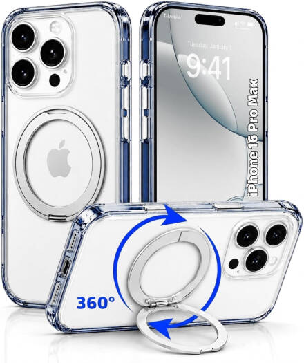 CROWNYX Crystal Spin Case for iPhone 16 Pro Max, 360 Degree Spin Ring Stand, Magsafe Compatible, Military Grade Protection, Anti Yellowing, Transparent Back, Scratch Resistant | IP16PM-MGSF-CSP