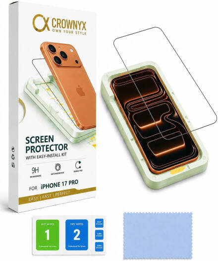 CROWNYX Clear Screen Protector for iPhone 17 Pro, 9H Hardness, Military Grade Shatterproof, Black Edge Tempered Glass with Easy Installation Tool, Case-Friendly, HD Clear | IP-17P-CSP