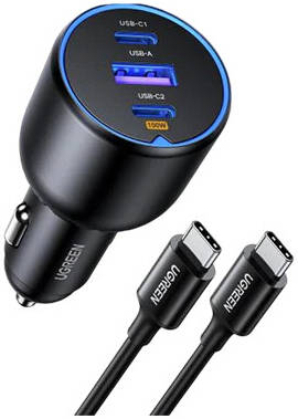 UGREEN 130W 3-Port Fast Car Charger with 100W Cable, GaN High Speed Charging, Multi Device Compatible Laptop Phone Tablet Charger, Black | 55511