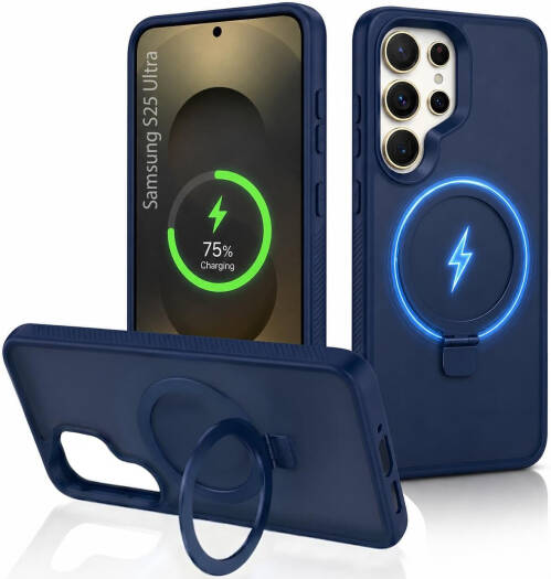 CROWNYX Aegis GripStand Pro Case for Samsung Galaxy S25 Ultra, Compatible with MagSafe, Shockproof Slim Hybrid TPU Cover with Kickstand & Grip Ring, Blue | SAMS25UL-MGSF-AGSP-BLU