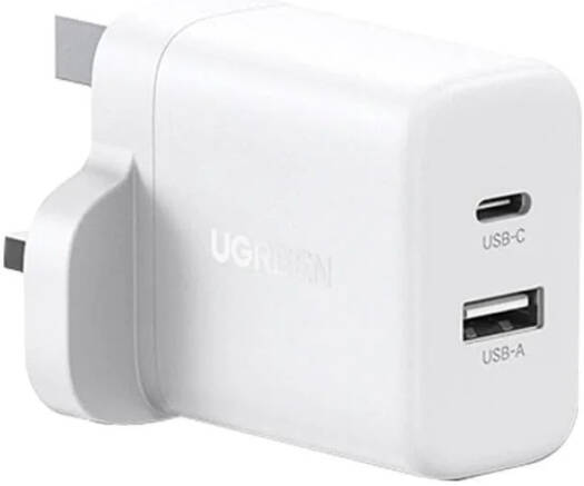 UGREEN Dual Port Wall Charger, 20W USB-C PD Fast Charger, USB-A & USB-C Dual Port Travel Adapter, Smart Safety Protection, UK Plug, White | 45315