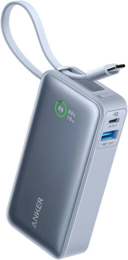 Anker Nano Power Bank, 10000mAh Battery Capacity, 30W Two-Way Fast Charging, USB Type-C & USB Type-A Interfaces, 19cm Built-In Type-C Cable, Ice Lake Blue | A1259H31