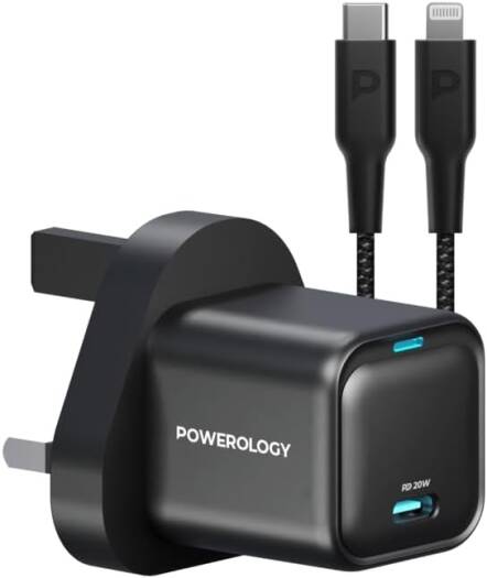 Powerology 20W Single C Port PD Charger UK with Type C to Lightining Head MFI 27W cable, 0-60 In 35 Minutes, Braided USB-C To Lightning Head Included, Compact Design, GaN Charger - Black
