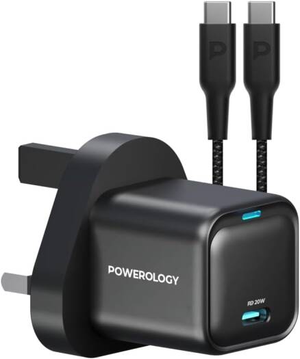 Powerology 20W Single C Port PD Charger UK with Type C to C 60W cable, USB-C Fast Charging, 0-60 In 35 Minutes, Built-In Safeguards, Braided USB-C To USB-C Included, Gan Charger, Black | PWCUQC016-C