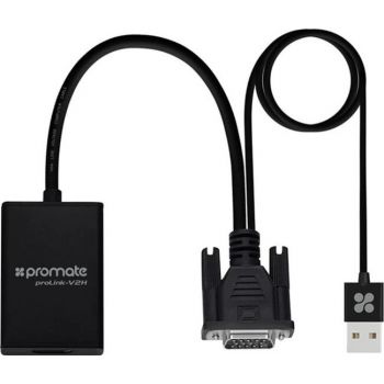 Promate VGA to HDMI Display Adaptor, With Audio Support, Up to 1920 x 1080/60Hz Video Output, 1.65Gbps Bandwidth, Black | PROLINK-V2H