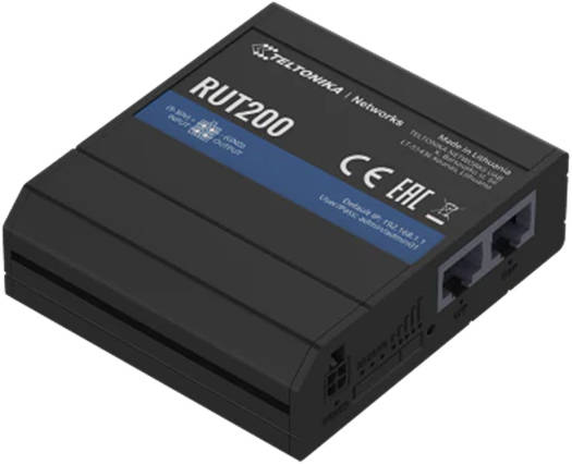 Teltonika RUT200 Industrial Cellular Router, 4G/LTE (Cat 4), 3G, 2G / 802.11n Wi-Fi Connectivity, up to 150 Mbps Speed 2 x Ethernet Ports, I/O Digital Input/Output, RMS Compatible, Black | RUT200