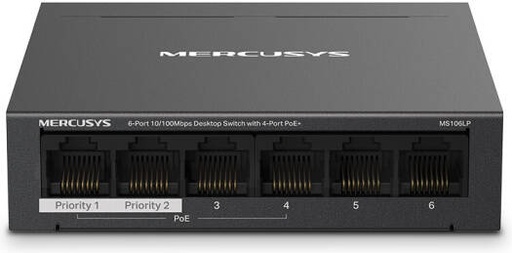[MS106LP] Mercusys MS106LP 6-Port Desktop Switch, 4-Port PoE+, 6x 100Mbps, 40W Power Budget, 802.3af/at, Extend Mode up to 250m, Isolation Mode, PoE Auto Recovery, Plug & Play, Metal Case | MS106LP