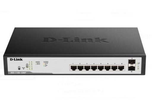 [DGS-F1100-10PS-E/B] D-Link 8 Port PoE Gigabit Switch, 20 Gbps Capacity, 14.88 Mpps Forwarding, 2 1000M SFP, 6 Internal Antennas, Black | DGS-F1100-10PS-E/B
