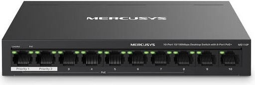 [MS110P] Mercusys MS110P 10-Port Desktop Switch, 8-Port PoE+, 10x 100Mbps, 65W Poe Budget, 802.3af/at, Extend Mode, Isolation Mode, PoE Auto Recovery, Up to 250m Range , Metal Case | MS110P