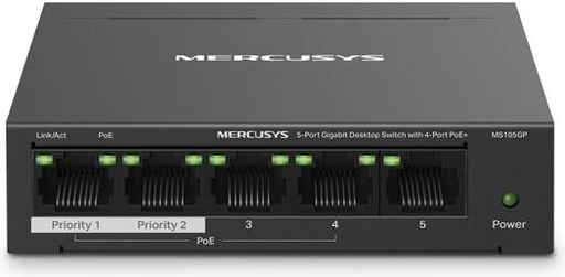 [MS105GP] Mercusys MS105GP 5-Port Gigabit Desktop Switch, 4-Port PoE+, 65W Power Budget, 250M Extend Mode, Isolation Mode, 802.3af/at, Plug & Play, Metal Casing | MS105GP