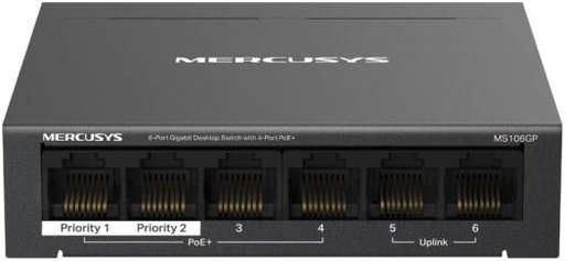 [MS106GP] Mercusys MS106GP 6-Port Gigabit Desktop Switch, 4-Port PoE+, 65W Power Budget, 250M Extend Mode, PoE Auto Recovery, 802.3af/at, Plug & Play, Metal Casing | MS106GP
