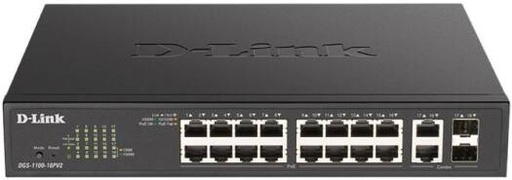 [DGS-1100-18PV2] D-Link 18-Port Gigabit Smart Managed PoE Switch with 16 PoE and 2 Combo RJ45/SFP Ports, 130W PoE Budget, Rack Mountable | DGS-1100-18PV2