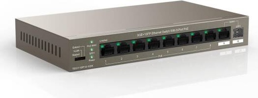 [TEG1110PF- 8-102W] Tenda PoE Switch 10 Port Gigabit Ethernet Unmanaged Network Switch with 8-Port PoE+ (Uplink & SFP-Port, 92W, VLAN, 250m Transmission distance, Plug and Play) | TEG1110PF- 8-102W