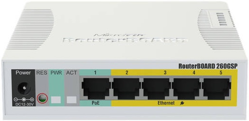 [CSS106-1G-4P-1S] MikroTik RB260GSP Switch, GCA8337 Chip, 128KB FLASH, 5x Ethernet, SFP Port, SwOS OS, White | CSS106-1G-4P-1S