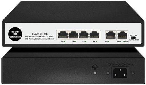 [E300-4P+2FE] CMD E300 4FE PoE+ Switch, Unmngd, IEEE802.3af/at, 15.4W/30W PoE+, 4x10/100Mbps PoE+ ports, 1.2Gbps Swtch Cap, 65W Pwr, Blk | E300-4P+2FE