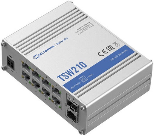 [TSW210] Teltonika TSW210 Unmanaged industrial Switch, 8 x Gigabit Ethernet Ports, Rugged Aluminum Housing, Speeds Up to 1000 Mbps, 2 x SFP Ports, 2-Pin Industrial DC, 7-57 V Power, IP30 Protection | TSW210