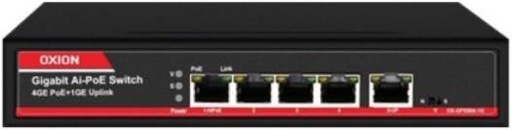 [OX-GPS504-1G] Oxion 4-Port Gigabit PoE Switch, 1G Uplink, 250m Range, 65W Output, 2000Mbps, Auto MDI/MDIX, Wall Mount, Black/Red | OX-GPS504-1G