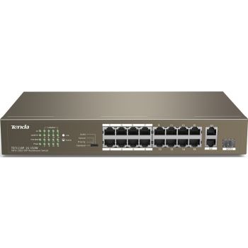 [TEF1118P-16-150W] Tenda TEF1118P 16-Port Unmanaged PoE+ Switch: 16FE+2GE/1SFP, 6KV Lightning Protection, 4 Modes, 150W Power, 7.2Gbps, 1.25Mb Buffer | TEF1118P-16-150W