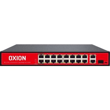 [OX-NPS518G] Oxion 16-Port PoE+2GE+1SFP Unmanaged Switch, With 250M Long Range, 2000Mbps Max Data Rate, 200W Output Power, Full Duplex Mode, Support Auto MDI/MDIX, Red / Black | OX-NPS518G