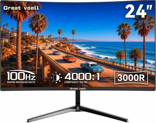 [Q240B12] Great Voell Q240B12 Gaming Curved Monitor, 24" VA Display, FHD Resolution, 100Hz Refresh Rate, 3000R Curvature, Black | Q240B12