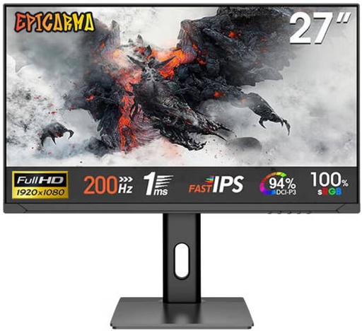 [EA-G27I-BK] EpicArma Gaming Monitor, 27" IPS Display, FHD 1920 1080 Resolution, 200Hz Refresh Rate, 1ms Response Time, RGB Lighting Stand, 178° Wide Viewing Angle, Black | EA-G27I-BK