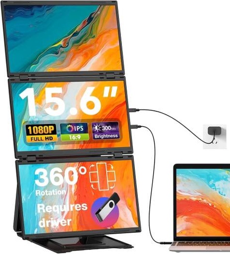 [VZ4P] V2COM Z4 Pro Quad Laptop Screen Extender, 15.6" FHD 1080P Triple Portable Monitors, One-Button Combine to 30" Wide Display, One Cable Connection with Driver | VZ4P