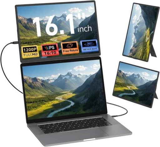 [VN2] V2COM N2 16.1" Portable Laptop Monitor Extender, FHD 1200P 16 10 Display with Height-Adjustable Case Stand, 360° Rotation & Vertical Lift, USB-C/HDMI Plug & Play Portable Screen | VN2