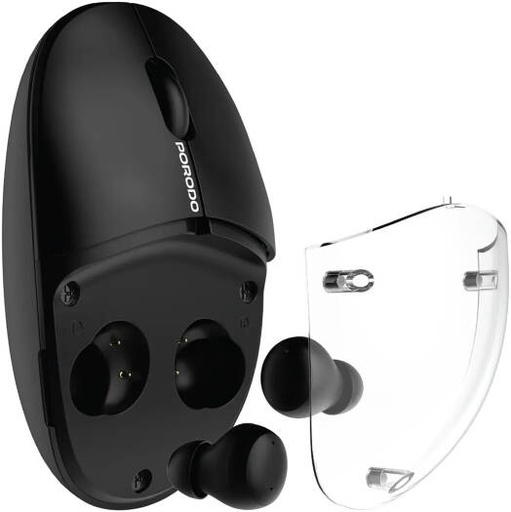 [PDSTS650BK] Porodo Wireless TWS Earbud Mouse with Transparent Magnetic Cover, Dual Mode Connectivity, Adjustable DPI 800,1200,1600, 30H Mouse 4H Earbuds Battery Life, Type C Charging, Black | PDSTS650BK