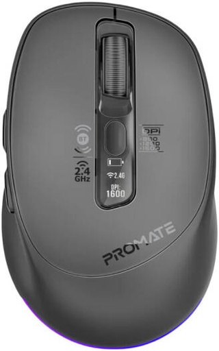 [Blix-3M] Promate Blix-3M Computer Mouse, Adjustable 1600DPI Sensor, 7D Silent Precision, OLED Smart Display, RGB Ambient Lighting, Rechargeable Battery, Bluetooth 5.1, Black | Blix-3M