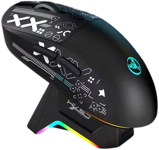 [T90 Pro] HXSJ T90 Pro Wireless Gaming Mouse, RGB Backlit, Charging Dock, 5 DPI Adjustment Level, 1000Hz Response Rate, Triple Mode Connection, 650mAh Rechargeable Battery, Black | T90 Pro