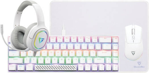 [76025] GamerTek Power Pack V2 Gaming Bundle, 68-Key Layout Keyboard, 7 Button Wired Mouse, Cloth & Rubber Material Desk Mat, 50mm Omni-Directional Headphone, White | 76025