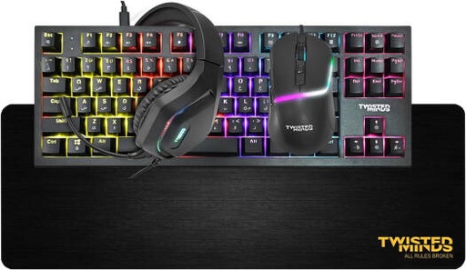 [TM-HORIZON-X] Twisted Minds TM-HORIZON-X 4-in-1 Gaming Combo, 87 Keys Wired Mechanical Keyboard, Adjustable DPI Mouse, 50mm Driver Steady-Light Headset, Rubber + Fabric Material Mouse Pad, Black | TM-HORIZON-X