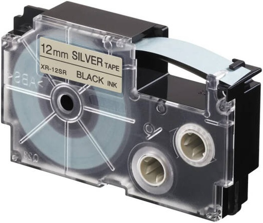 [XR-12SR1] Casio XR-12SR1 12 mm Black on Silver Label Tape, 8m Durable Label Printer Cartridge, Compatible with Casio KL- Series Printers, Easy Organizing Labels | XR-12SR1