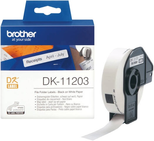 [DK-11203] Brother DK-11203 Label Roll, Black on White File Folder Labels 17mm x 87mm, 300 Die-Cut Self-Adhesive Paper Labels per Roll for QL Series Printers | DK-11203
