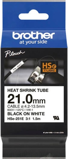 [HSE-251E] Brother HSE-251E 21.0mm Black on White Heat Shrink Tube Cartridge, heat shrink tubes insulate up to 300V, tape shrinks in a ratio of 3 1, Black | HSE-251E