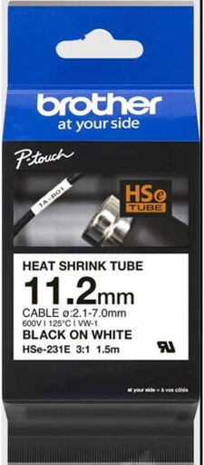 [HSE-231E] Brother HSE-231E 11.2mm Black on White Heat Shrink Tube Cartridge, Tape Shrinks in a Ratio of 3 1, Heat Shrink Tubes Insulate up to 300V, Black | HSE-231E