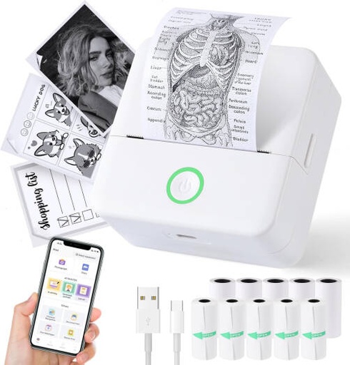 [Mini Printer] Curdinham Portable Thermal Mini Printer Bluetooth Sticker Maker Wireless Label Printer with Tape for iOS & Android Phone, White | Mini Printer