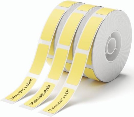 [Yellow-1240-3Roll] NIIMBOT D110 Label Maker Tape, Adhesive Label Paper 0.47" X 1.57", 12 X 40mm, 160 Labels/Roll, Compatible for NIIMBOT D11 D110 Label Printer, Yellow | Yellow-1240-3Roll